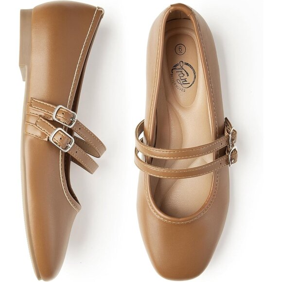 Trary Women LightBrown Polyurethane Square Toe Slip On Buckle Strap Ballet Flats - Picture 3 of 6